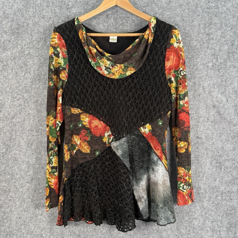 This & That Sweater Sz Large Artsy Boho Floral Crochet Colorblock Pullover Tunic